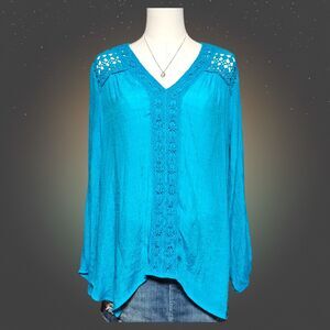 John Paul Richard M Boho Peasant Tunic Blouse Teal Crochet Festival